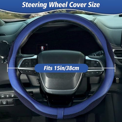 ZHOL Blue Steering Wheel Cover,Nappa Faux Leather with Comfort Grip,Non-Slip Breathable Universal Car Accessory for 15 Inch Steering Wheel - color: Blue