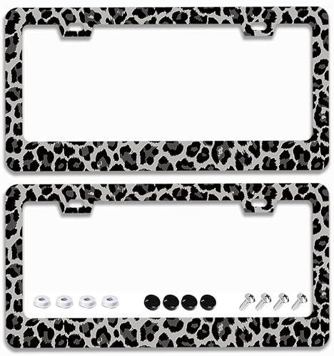 2 Pcs Black Gray Leopard Print License Plate Frames - 2 Holes Stainless Steel Metal Auto Car Accessories Decoration License Plate Frame Cover Size 6.3" x 12.2" Fit US Vehicles for Women Men Gift - color: Black Gray Leopard Print
