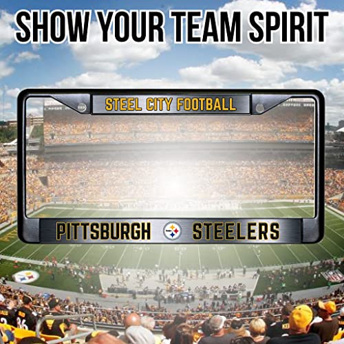 NFL Pittsburgh Steelers Steel City Football Black Chrome License Plate Frame - 2-Screw Mount - color: Steelers