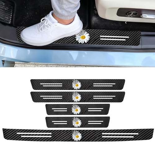Daisy 5PCS Car Door Sill Protector,Carbon Fiber Leather Door Sill Sticker,Decor Doors Sill Scuff Plate Sticker for All Car Models,Daisys Gifts for Men Women,Daisy Car Accessories Decor - color: Daisy