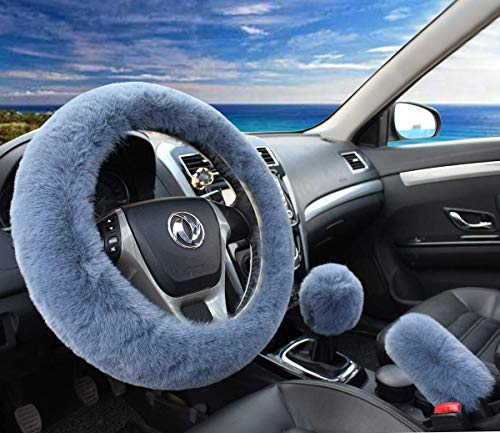 Pinbola 5pcs in 1 Set Faux Wool Steering Wheel Cover Soft Fluffy Handbrake Cover & Gear Shift Cover & 2pcs Seat Belt Shoulder Pads Warm Universal Fit for 15 Inch (Gray) - color: Gray