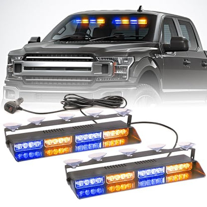 2 in 1 LED Emergency Dash Strobe Light Bar Front/Rear Windshield Safety Flashing Warning Hazard Interior Lights for Police Firefighter Construction Vehicles Trucks (2x14 inch, Amber/Blue) - color: #12 Amber/Blue