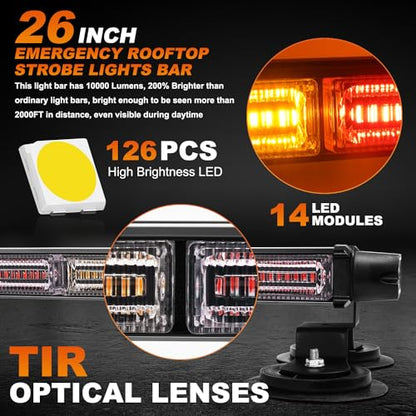 ASPL 26inch 126 LED Rooftop Emergency Strobe Lights Bar Double Side Flashing Safety Warning Traffic Advisor Light Bar Hazard Snow Plow Light for Work Trucks Vehicles Construction Tow Pickup(Amber/Red) - color: Amber/Red