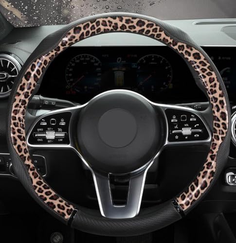 Peach Wood Grain Steering Wheel Cover Anti-Slip Breathable Durable Leather Four Seasons Universal 15 Inch Car Wrap Cover (Leopard-Coffee) - color: Leopard-Coffee