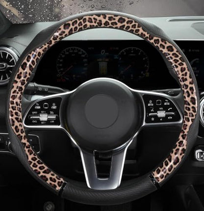 Peach Wood Grain Steering Wheel Cover Anti-Slip Breathable Durable Leather Four Seasons Universal 15 Inch Car Wrap Cover (Leopard-Coffee) - color: Leopard-Coffee