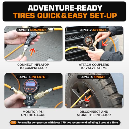Kingfun 4 Tire Inflation & Deflation System, Rapid High Flow 4 Way Tire Inflator Hose Kit with Digital Pressure Gauge, Fits Up to 220" Wheelbase for Off-Road, Jeep, Truck, SUV