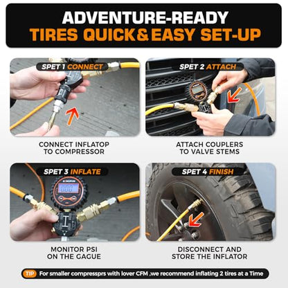 Kingfun 4 Tire Inflation & Deflation System, Rapid High Flow 4 Way Tire Inflator Hose Kit with Digital Pressure Gauge, Fits Up to 220" Wheelbase for Off-Road, Jeep, Truck, SUV