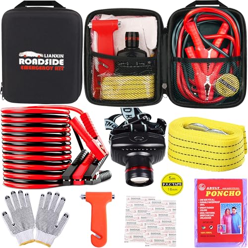 LIANXIN Car Roadside Emergency Kit, with Jumper Cables Automotive Kit,Car Safety Roadside Assistance Kit Headlamp,Tow Straps, Safety Hammers, Rainwear, Gloves.Black - color: Black