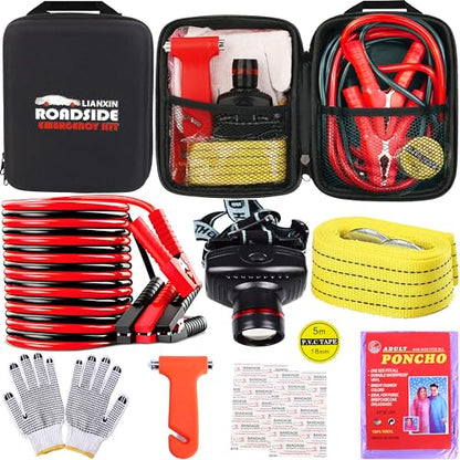 LIANXIN Car Roadside Emergency Kit, with Jumper Cables Automotive Kit,Car Safety Roadside Assistance Kit Headlamp,Tow Straps, Safety Hammers, Rainwear, Gloves.Black - color: Black