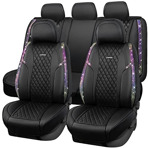 CAR PASS Iridescent Diamond &NAPPA Calfskin Leather Cushioned,Bling Seat Covers,Waterproof Heavy-Duty Anti-Slip,Universal Fit for Auto SUV Sedan,Sparkly Glitter Shining Rhinestone Full Set, Multicolor - color: Multicolor Diamond, size: Full Set