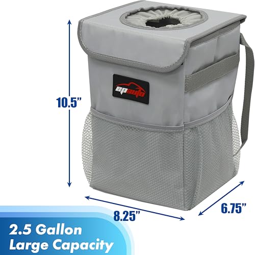 EPAuto Waterproof Car Trash Can with Lid and Storage Pockets, 2.5 Gallon Leakproof, Gray - color: Grey
