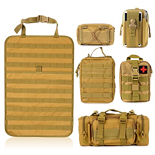 Universal Tactical Seat Back Organizer Vehicle Molle Panel Organizer Storage Bag with 5 Detachable Molle Pouch, Khaki - color: Khaki