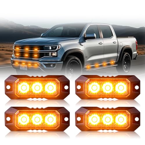 4PCS 3 LED Strobe Lights Surface Mount Flashing Emergency Warning Amber Strobe Lights for Trucks Vehicles Sync Featur Ultra Slim Grille Hazard Caution Lights for Trucks Cars Vehicles ATV RV - color: Amber, size: 3LED-4PCS