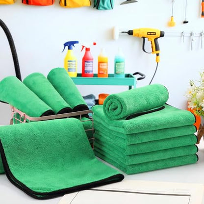 Tallew 12 Pcs Microfiber Towels for Cars, 800 GSM Plush Drying Cleaning Cloth Bulk, 16 x 16 Inch Thick Absorbent Wash Detailing Towels for Car Polishing, House, Kitchen Cleaning(Green) - color: Green