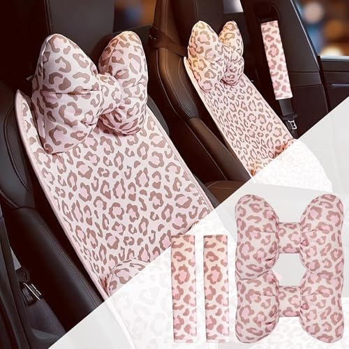 2PCS Chic Car Headrests with Bow-Shaped Cotton Linen Bowknot Neck Pillows for Cozy Road Trip & Cute Interior Decoration (Pink Leopard Set 4Pcs) - color: Pink Leopard Set 4pcs