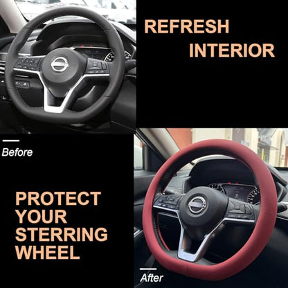 PINCTROT D Shaped Nappa Leather Steering Wheel Cover, Slim Fit No Bulk Design, One Piece Leather with Breathable Perforation, Fit Like Gloves, Flat Bottom 14.5-15 Inch(Nappa Rust Red) - color: 02.Rust Red, size: D Shaped/Flat Bottom[14 1/2''-15'']