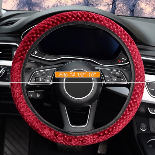 KAFEEK Elastic Short Microfiber Plush Steering Wheel Cover for Winter Warm, Universal 15 inch, Anti-Slip, Odorless, Wine Red - color: Wine Red