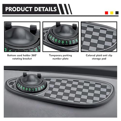 Car Dashboard Mat, Non-Slip Washable Center Console Storage Pad, 11.8" x 5.4" Rotatable Phone Holder Large Storage Tray Parking Number Sign, Universal Multifunctional Organizer (Black #B) - color: Black #B