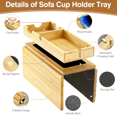 Luxspire Couch Armrest Table, 2-in-1 Magnetic Detachable Sofa Arm Tray with Cup Holder and Phone Holder, Foldable Bamboo Couch Cup Holder for Remote Controls, Phones, Snacks, Cups, Burlywood - color: Burlywood