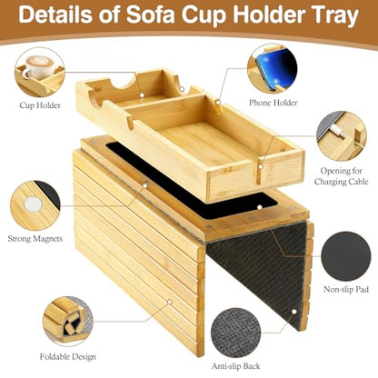 Luxspire Couch Armrest Table, 2-in-1 Magnetic Detachable Sofa Arm Tray with Cup Holder and Phone Holder, Foldable Bamboo Couch Cup Holder for Remote Controls, Phones, Snacks, Cups, Burlywood - color: Burlywood