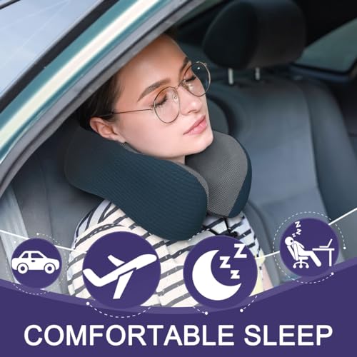 napfun Neck Pillow for Travel with Travel Pouch, Sleep Mask & Earplugs, Memory Foam Airplane Pillow for Headrest Sleep with Eyeshades, Plane Essentials with Eye Blindfold, Deep Blue Striped Kit - color: Deep Blue Striped Kit