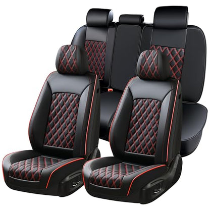 Huidasource Seat Covers, Nappa Leather Car Seat Covers, Velcro Adjustable, Compatible with Airbags, Child Seat, Seat Belts, Fit for Most Cars, Vans, Trucks, SUVs (Full Set/Black&Red) - color: 01FS# Black & Red01, size: 5pcs Full Set
