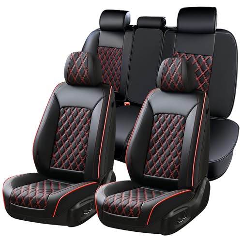Huidasource Seat Covers, Nappa Leather Car Seat Covers, Velcro Adjustable, Compatible with Airbags, Child Seat, Seat Belts, Fit for Most Cars, Vans, Trucks, SUVs (Full Set/Black&Red) - color: 01FS# Black & Red01, size: 5pcs Full Set