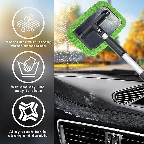 Ziciner Car Windshield Cleaner, Microfiber Auto Cleaning Wiper with Aluminum Extendable Handle and 2 Washable Reusable Cloth Pad Head, Universal Vehicle Interior Exterior Cleaner Kit (Green-Rectangle) - size: Green-rectangle