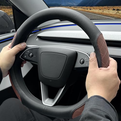 LKWLIKEI Leather Steering Wheel Cover. Elegant Diamond Checkered Design, Non-Slip and Breathable, for Tesla Model 3/Y Steering Wheel Protector,Black Brown - color: Black Brown