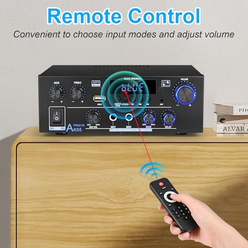 Romica AK55 Stereo Audio Amplifier, 2 Channel 500W Bluetooth 5.0 Home Audio Stereo Receivers with FM, Echo, AUX, USB, SD, MIC, Optical & Coaxial Inputs, AMP for Passive Speakers and Active subwoofer - style: 2.0 CH With Opt/Coax Input