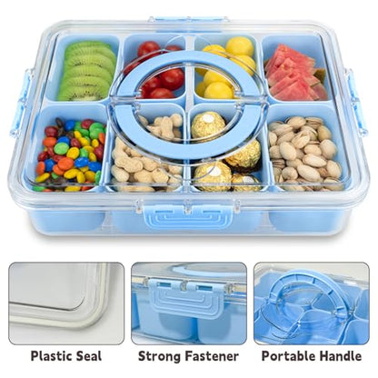 Divided Serving Tray with Lid and Handle,8 Compartments Snacks Box,Snack Fruit Veggie Tray,Portable Platter for Candy Fruits Nuts Snack Party Entertaining Picnic (2PCS Blue) - color: 2pcs Serving Tray-blue