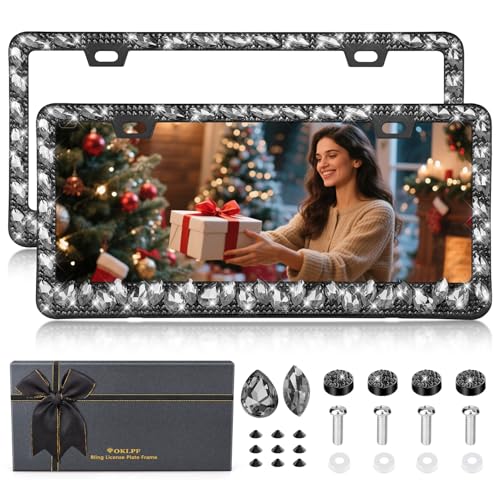 OKLPF Rhinestone Bling License Plate Frames for Women - Sparkle with Glitter Crystals & Diamond Bedazzled License Plate Cover, Fits Standard US Plates, Comes with Anti-Theft Screws & Gift Box(Black) - color: Black, size: 2pc