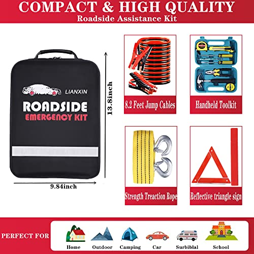 LIANXIN Roadside Emergency Car Kit-Safety Car Kit Car Emergency Kit with Jumper Cables Roadside Assistance Kit, Tow Rope, Safety Hammer, Reflective Warning Triangle,Car Tool Kit - color: Black