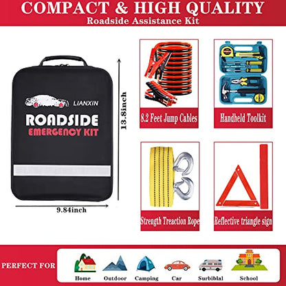 LIANXIN Roadside Emergency Car Kit-Safety Car Kit Car Emergency Kit with Jumper Cables Roadside Assistance Kit, Tow Rope, Safety Hammer, Reflective Warning Triangle,Car Tool Kit - color: Black