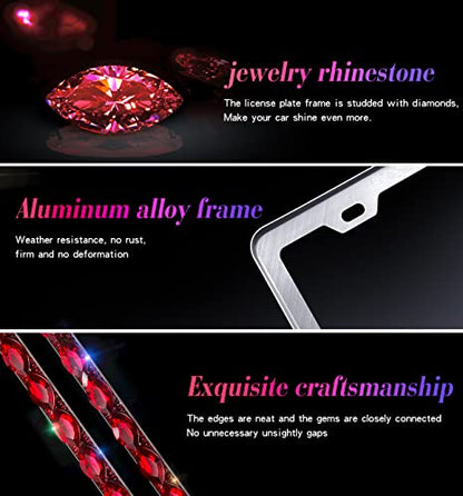 2 Pack Red Bling License Plate Frame, Sparkly Stainless Steel License Plate Frames for Women, Set with 44 Gemstones, 400 14 Faceted Glass Diamond Rhinestones License Plate Covers - color: red-2pcs