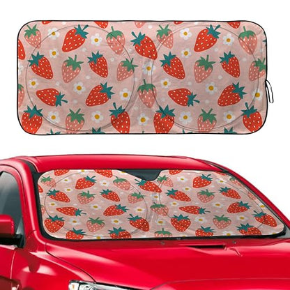 Pink Strawberry Windshield Sunshade for Car SUV Truck Foldable Uv Ray Reflector Front Window Sun Shade Visor Shield Cover -59" X 31" - color: Strawberry