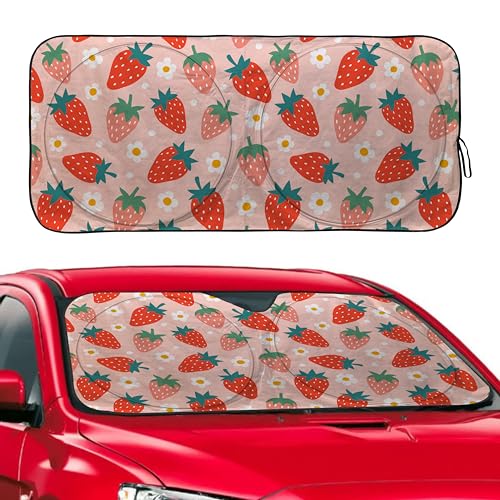 Pink Strawberry Windshield Sunshade for Car SUV Truck Foldable Uv Ray Reflector Front Window Sun Shade Visor Shield Cover -59" X 31" - color: Strawberry