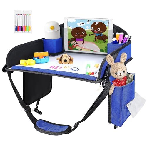 Kids Travel Tray for Car Seat, Toddler Road Trip Essentials with Dry Erase Board & Storage Organizer, Portable Carseat Lap Desk for Travel Activities, Blue - color: Blue-1PCS