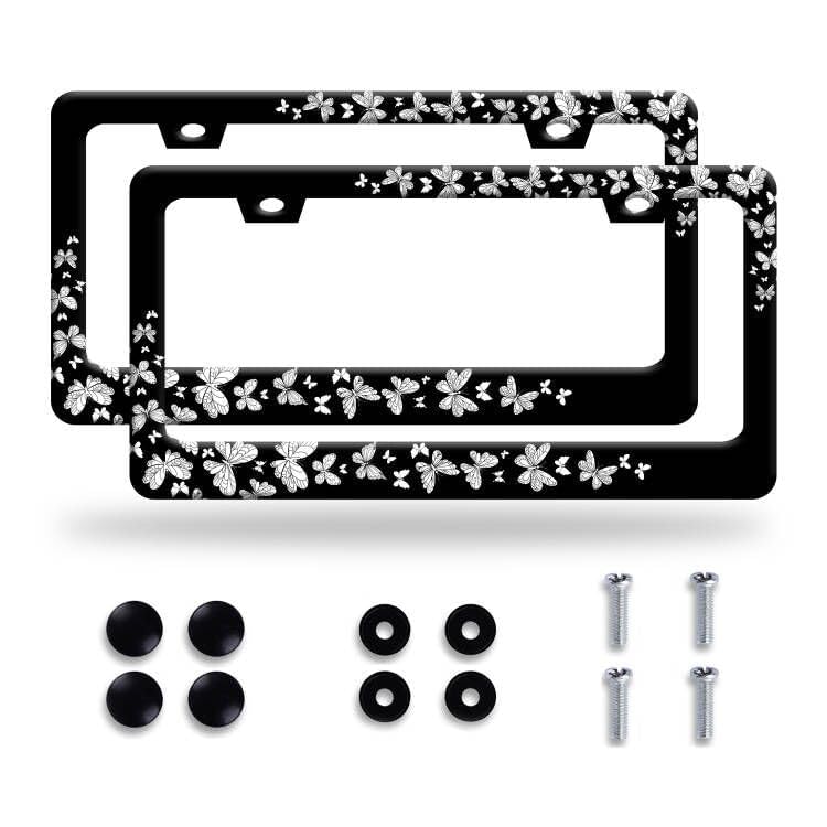 【2Pcs】 Butterfly License Plate Frame Beautiful Butterflies License Plate Stainless Steel Auto Parts with Screws Size 12.3" x 6.3" for Men Women - color: 【2Pcs】Butterfly