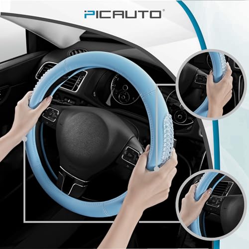 PIC AUTO Steering Wheel Cover, Glitter Gel Particles & Blue Luxury Leather Car Steering Cover, Universal Fit 14.5"-15.5" Anti-Slip Car Wheels Cover for Girls & Women - color: Blue