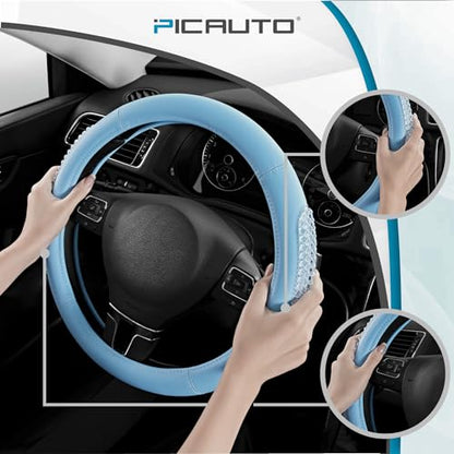 PIC AUTO Steering Wheel Cover, Glitter Gel Particles & Blue Luxury Leather Car Steering Cover, Universal Fit 14.5"-15.5" Anti-Slip Car Wheels Cover for Girls & Women - color: Blue
