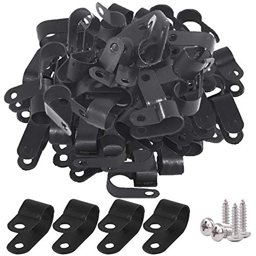 Glarks 120Pcs 3/8 Inch Black Nylon Screw Mounting R-Type Cable Clip Wire Clamp with 120Pcs Screws for Wire, Cable, Conduit and Cable Conduit Kit (Black) - size: 3/8''(10mm)