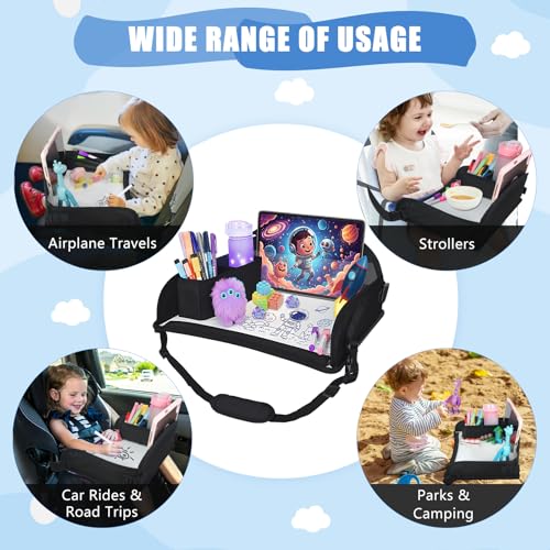 Upgraded Kids Travel Tray for Airplane - Toddler Car Seat Table Tray, Road Trip Essentials for Boys & Girls, Carseat Lap Desk for Kids Road Trip Activities, Black - 2 PCS - color: Black - 2 PCS
