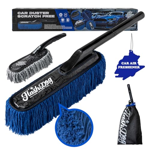 Flash Dog Wood Car Duster & Interior Brush Kit | Scratch-Free Waterless Exterior/Interior Cleaning for Car, SUV, Truck, RV | Waxed Cotton & Microfiber - color: Brown