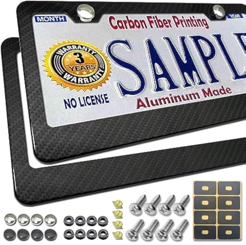 BGGTMO License Plate Frame Carbon Fiber- Black Aluminum Car Tag Frame Holder Printed Carbon Pattern with Rust Proof License Plate Screws and Black & Chrome Caps - color: Carbon Fiber-2 Hole