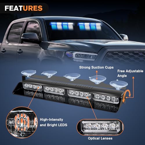 Nilight 32LED Blue White Emergency Dash Strobe Lights with Controller Suction Cups Warning Hazard Interior Front/Rear Windshield Deck Split Light Bar for Truck Construction Vehicle - color: Blue and White