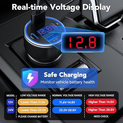 4-Port USB C Car Charger Fast Charging, Car Phone Charger Adapter with 30W PD & QC3.0 Dual USB C & USB A Port Real-Time LED Voltmeter 12V/24V Cigarette Lighter Adapter for iPhone Galaxy & Android - color: Grey