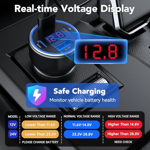 iPhone 17 Car Charger USB C Fast Charge Cable, 78W 4 Port Metal Car Phone Charger Adapter with Voltmeter PD 30W & QC3.0 Cigarette Lighter USB Adapter for iPhone 17/16/15, Galaxy, iPad, Android - color: Black & Cable