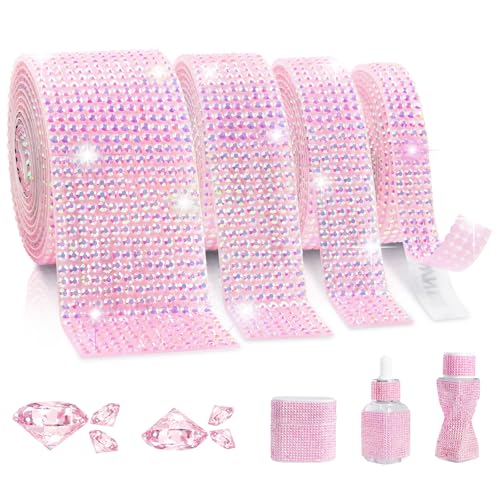 Rhinestone Ribbon Self Adhesive, 4-Yard Bedazzling Strips, 4-Rolls Rhinestone Strips for DIY Craft, Rhinestones for Crafting, Home Decor and Special Events,4/6/8/14 Rows,Pink AB Crystal Color - color: 4/6/8/14 Rows Pink AB Crystal Color