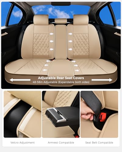 Huidasource Beige Seat Covers, Nappa Leather Car Seat Covers, Velcro Adjustable, Compatible with Airbags, Armrests, Child Seat, Universal Fit for Most Cars, Vans, Trucks, SUVs (Full Set/Beige) - color: 01FS# Beige01, size: 5pcs Full Set